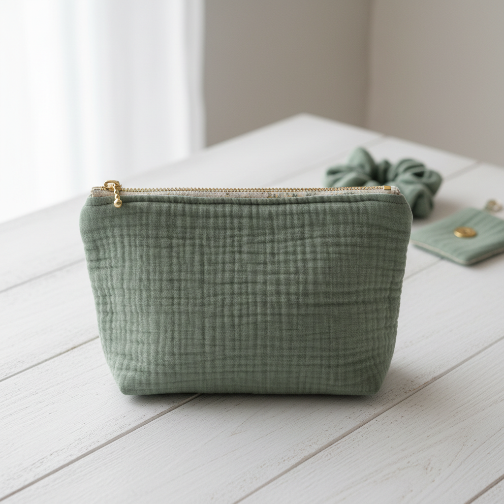 A single, medium-sized quilted cotton gauze pouch in a soft eucalyptus green, placed neatly at the center of a clean, whitewashed wooden surface. The pouch features a gold-tone zipper, tiny floral lining just peeking out at the top, and carefully stitched quilt lines that show a gentle puffiness to the fabric. Diffused afternoon daylight from an unseen window illuminates the pouch, creating a serene, even light with minimal shadows. In the softly blurred background, a folded matching scrunchie and cord holder rest out of focus. Photographic realism, eye-level composition with a calm, minimal, sophisticated mood that highlights the craftsmanship and natural warmth of the fabric item.