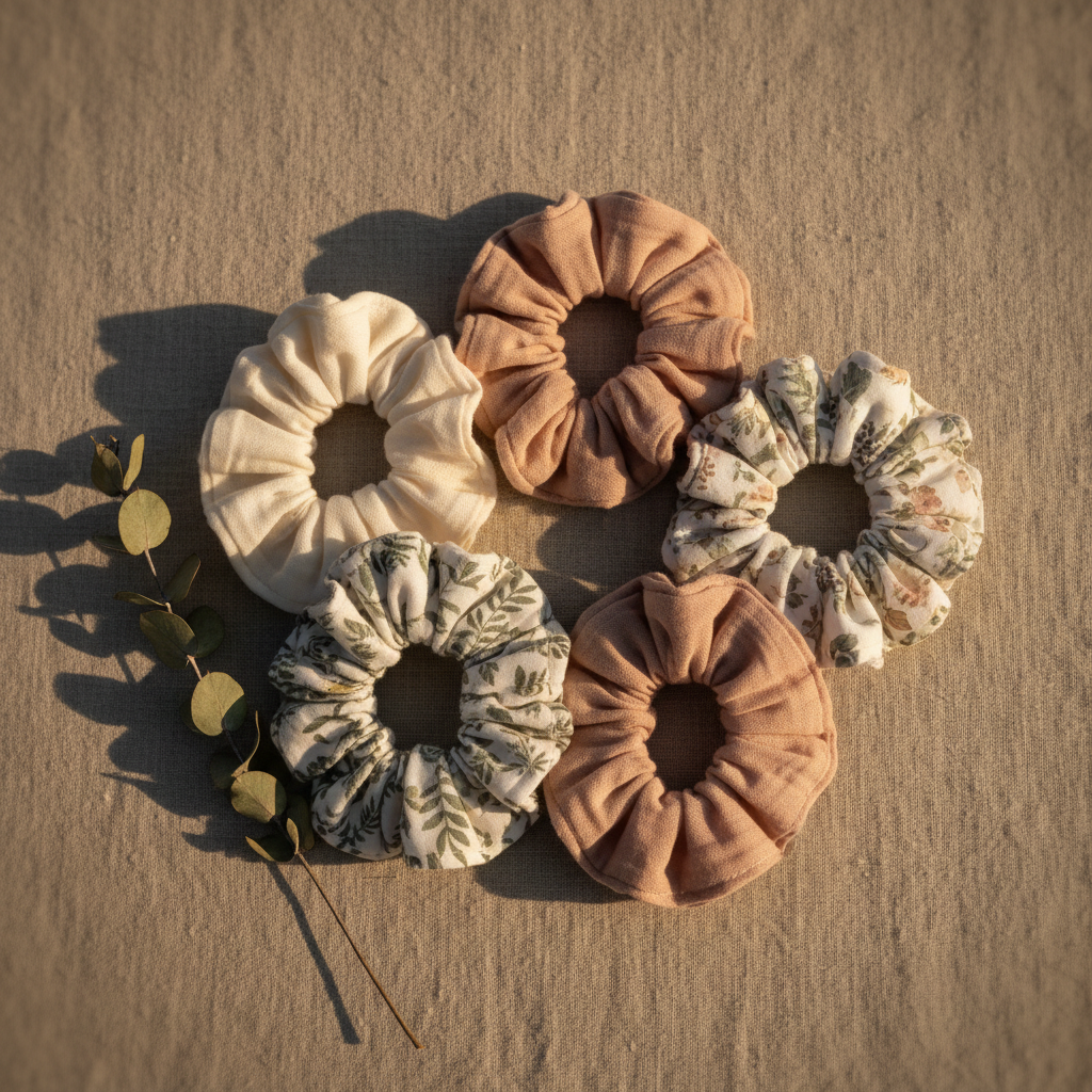 A small collection of coordinated fabric scrunchies arranged in a loose circle on a natural linen cloth, each scrunchie sewn from airy cotton gauze in soft ivory, blush pink, and muted botanical prints. Fine gathers, tiny seams, and the gentle sheen of elastic-bound fabric are clearly visible. A dried eucalyptus branch rests nearby, adding organic texture. Warm late-afternoon sunlight filters in from the top right, creating a golden glow, gentle shadows, and a dreamy, feminine atmosphere. Shot from directly above with sharp focus on the scrunchies and a soft vignette toward the edges, in photographic realism, conveying a natural, girly, and sophisticated brand identity.