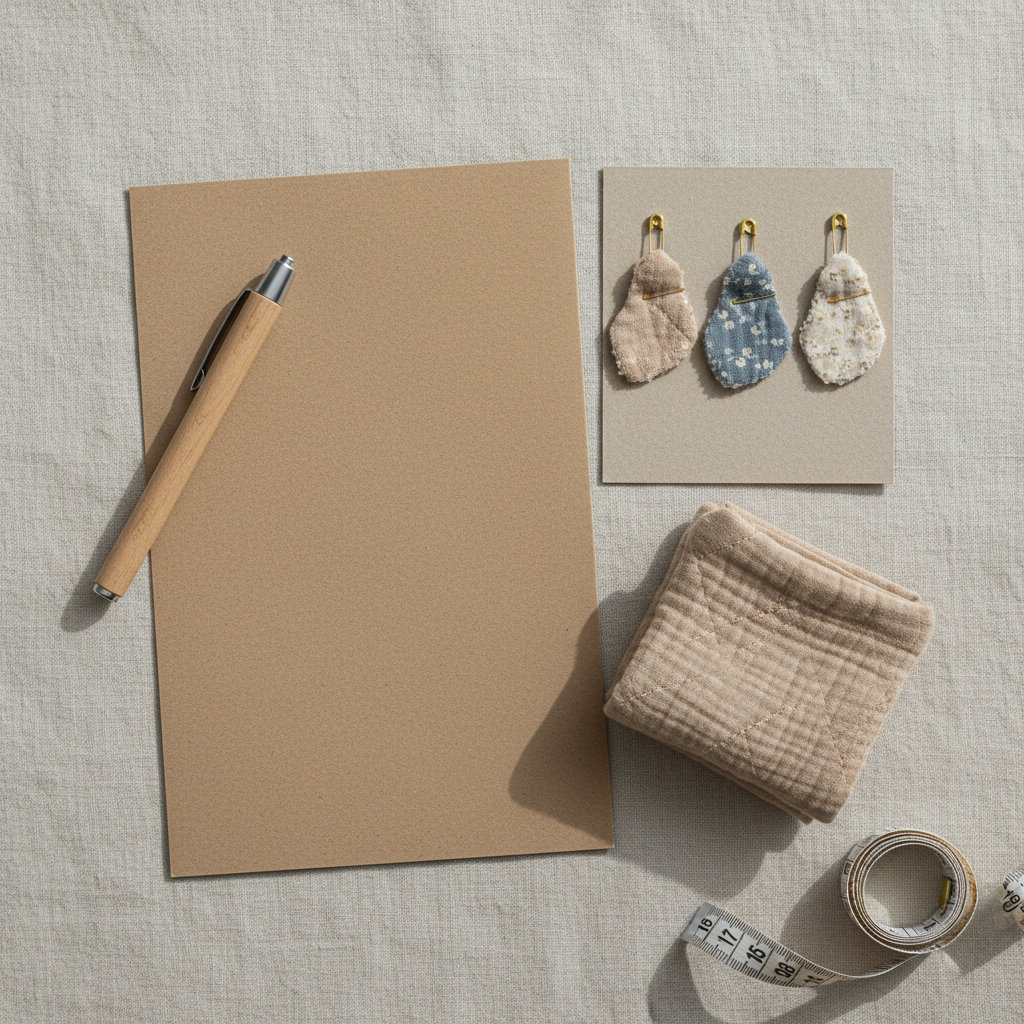 An elegant flat lay of a custom-order stationery scene, featuring a blank kraft paper order form, a neutral-toned fabric swatch card with tiny clipped pieces of quilted cotton gauze, and a neatly folded sample pouch beside it. The fabrics include soft beige, smoky blue, and tiny floral patterns, each with visible weave and quilting. A simple wooden pen rests diagonally, and a measuring tape curls gently at the edge of the frame. Soft, diffused daylight from above creates even lighting and subtle shadows. Photographic realism, shot from a bird’s-eye view with balanced composition and plenty of negative space, evoking a calm, thoughtful, and sophisticated mood suitable for a custom fabric accessories brand.