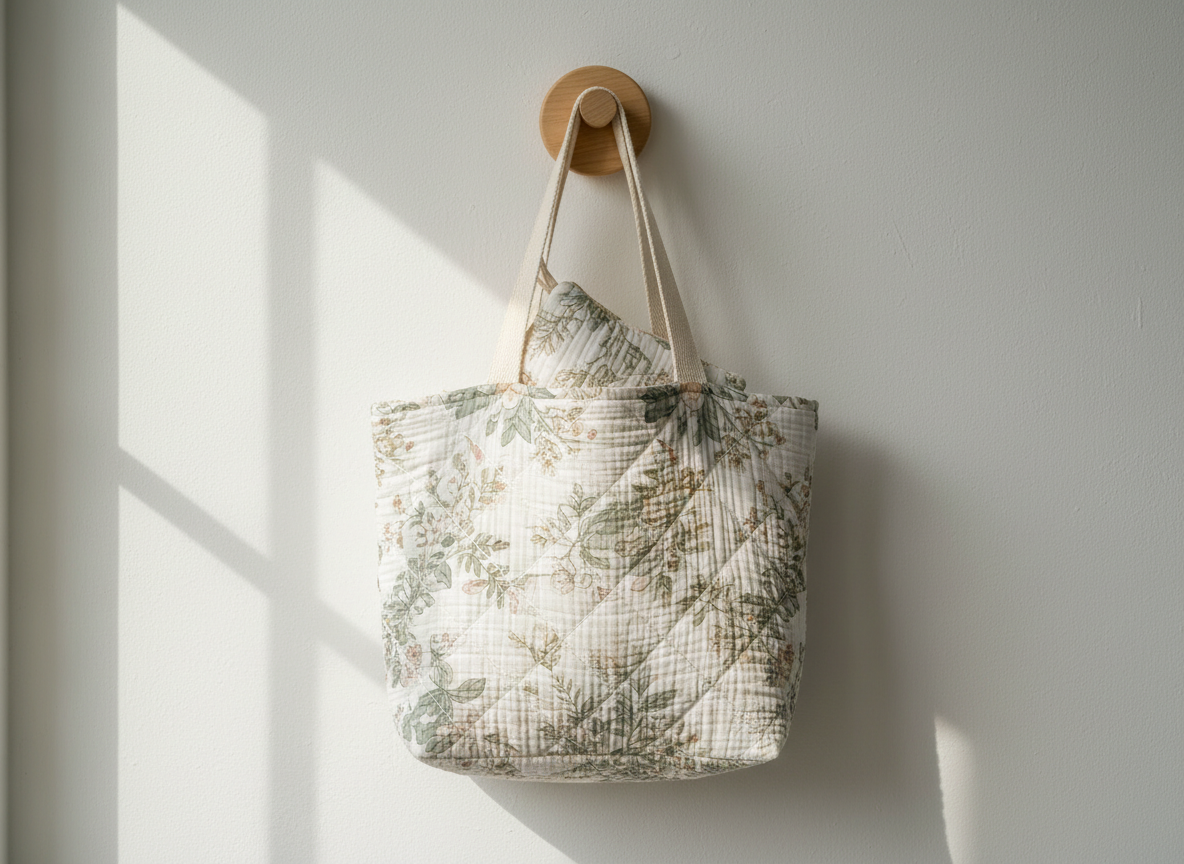 A narrow, vertical composition featuring a fabric tote bag hanging from a simple wooden peg against a soft off-white wall. The bag is sewn from quilted cotton gauze in a muted floral pattern of sage, cream, and pale blush, with sturdy cotton straps and a small matching pouch peeking from the opening. The quilting texture and fine stitching are clearly visible. Gentle morning light from a side window grazes the surface, creating subtle shadows that emphasize the fabric’s softness. Photographic realism, eye-level framing with negative space above and below the bag, conveying a refined, airy, and natural atmosphere that suits a sophisticated, girly fabric goods brand.