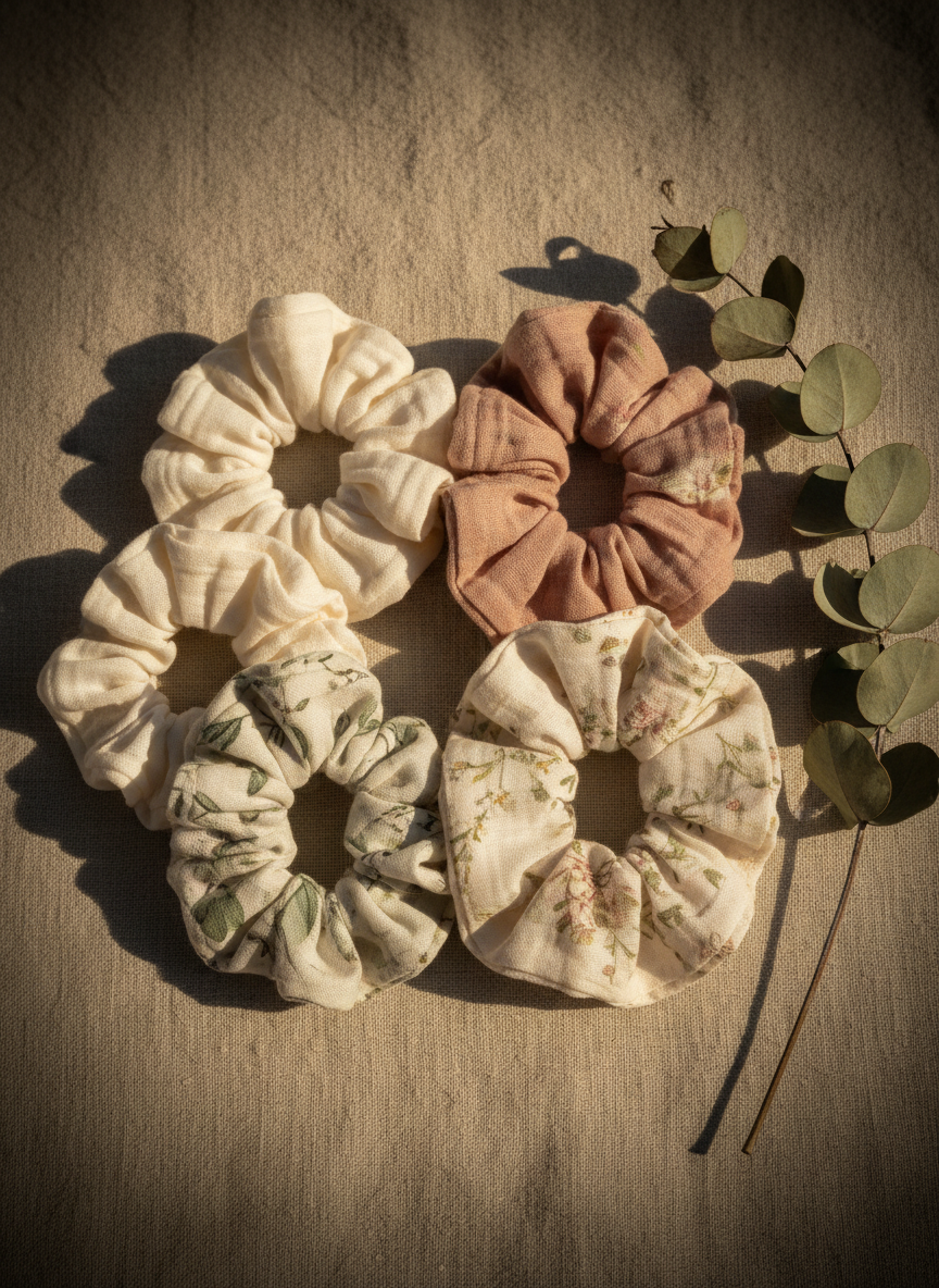 A small collection of coordinated fabric scrunchies arranged in a loose circle on a natural linen cloth, each scrunchie sewn from airy cotton gauze in soft ivory, blush pink, and muted botanical prints. Fine gathers, tiny seams, and the gentle sheen of elastic-bound fabric are clearly visible. A dried eucalyptus branch rests nearby, adding organic texture. Warm late-afternoon sunlight filters in from the top right, creating a golden glow, gentle shadows, and a dreamy, feminine atmosphere. Shot from directly above with sharp focus on the scrunchies and a soft vignette toward the edges, in photographic realism, conveying a natural, girly, and sophisticated brand identity.