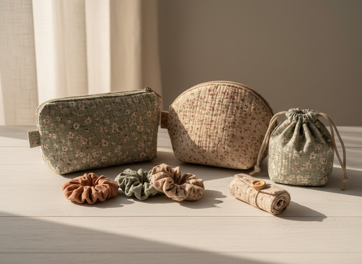 A carefully arranged collection of handmade fabric accessories displayed on a pale wooden table, featuring quilted cotton gauze pouches, softly gathered scrunchies, a small drawstring bag, and a neat cord holder. Each item is sewn in muted sage green, warm beige, and dusty rose florals, with delicate stitching clearly visible. Soft morning natural light streams in from the left, creating gentle highlights on the fabric’s subtle texture and casting calm, feathery shadows. The background is softly blurred linen in an off-white tone, keeping the focus on the items. Photographic realism, shot from a slightly elevated angle with shallow depth of field, evoking a natural, sophisticated, and cozy atmosphere for a small fabric goods brand.