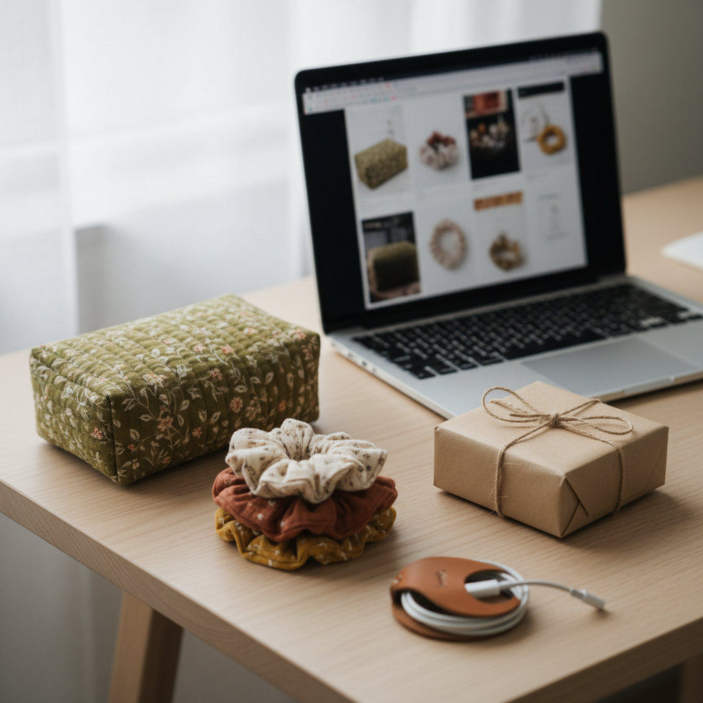 A cozy desk scene representing an online shop workspace, with a slim, modern laptop open on a light wood surface displaying a softly blurred product grid. In crisp focus around the laptop are a quilted fabric pouch, a neatly wrapped parcel tied with natural twine, a small stack of cotton gauze scrunchies, and a cord holder securing a coiled charging cable. The textiles are in warm, earthy tones with delicate floral prints. Gentle overcast window light from the side bathes the scene, creating a serene, inviting glow. Photographic realism, shot from a slightly elevated three-quarter angle, with a calm, sophisticated atmosphere that conveys handcrafted quality and direct-to-customer e-commerce.