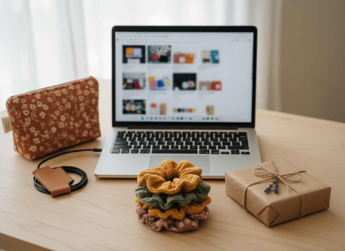 A cozy desk scene representing an online shop workspace, with a slim, modern laptop open on a light wood surface displaying a softly blurred product grid. In crisp focus around the laptop are a quilted fabric pouch, a neatly wrapped parcel tied with natural twine, a small stack of cotton gauze scrunchies, and a cord holder securing a coiled charging cable. The textiles are in warm, earthy tones with delicate floral prints. Gentle overcast window light from the side bathes the scene, creating a serene, inviting glow. Photographic realism, shot from a slightly elevated three-quarter angle, with a calm, sophisticated atmosphere that conveys handcrafted quality and direct-to-customer e-commerce.