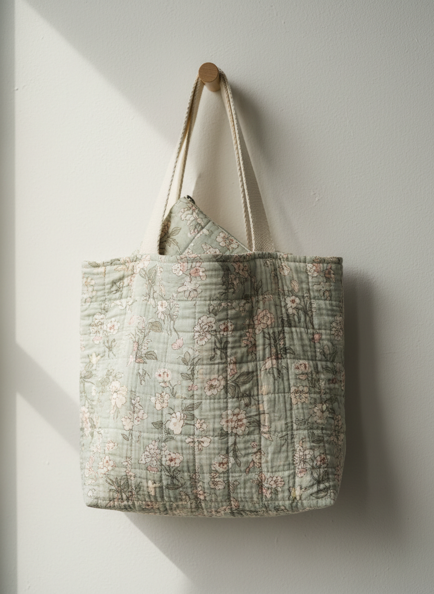 A narrow, vertical composition featuring a fabric tote bag hanging from a simple wooden peg against a soft off-white wall. The bag is sewn from quilted cotton gauze in a muted floral pattern of sage, cream, and pale blush, with sturdy cotton straps and a small matching pouch peeking from the opening. The quilting texture and fine stitching are clearly visible. Gentle morning light from a side window grazes the surface, creating subtle shadows that emphasize the fabric’s softness. Photographic realism, eye-level framing with negative space above and below the bag, conveying a refined, airy, and natural atmosphere that suits a sophisticated, girly fabric goods brand.
