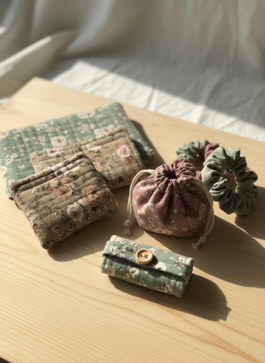 A carefully arranged collection of handmade fabric accessories displayed on a pale wooden table, featuring quilted cotton gauze pouches, softly gathered scrunchies, a small drawstring bag, and a neat cord holder. Each item is sewn in muted sage green, warm beige, and dusty rose florals, with delicate stitching clearly visible. Soft morning natural light streams in from the left, creating gentle highlights on the fabric’s subtle texture and casting calm, feathery shadows. The background is softly blurred linen in an off-white tone, keeping the focus on the items. Photographic realism, shot from a slightly elevated angle with shallow depth of field, evoking a natural, sophisticated, and cozy atmosphere for a small fabric goods brand.