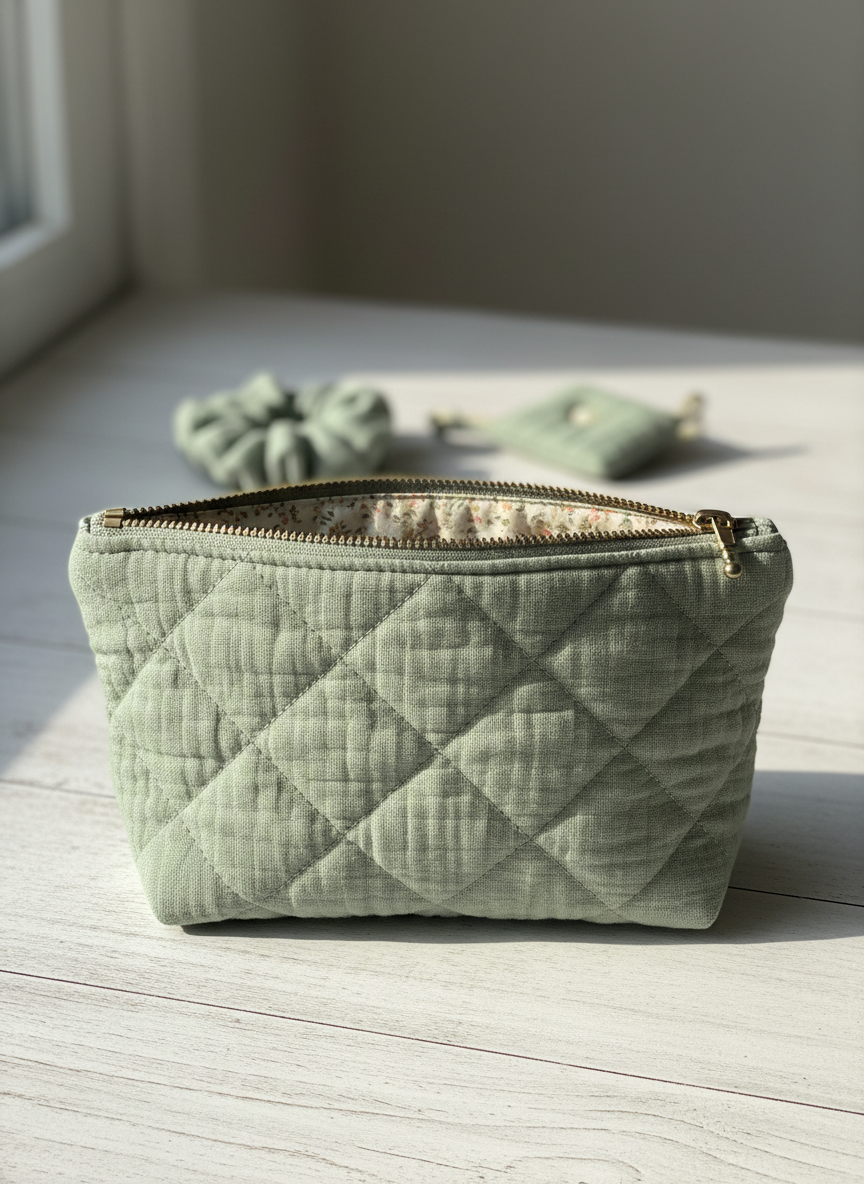 A single, medium-sized quilted cotton gauze pouch in a soft eucalyptus green, placed neatly at the center of a clean, whitewashed wooden surface. The pouch features a gold-tone zipper, tiny floral lining just peeking out at the top, and carefully stitched quilt lines that show a gentle puffiness to the fabric. Diffused afternoon daylight from an unseen window illuminates the pouch, creating a serene, even light with minimal shadows. In the softly blurred background, a folded matching scrunchie and cord holder rest out of focus. Photographic realism, eye-level composition with a calm, minimal, sophisticated mood that highlights the craftsmanship and natural warmth of the fabric item.