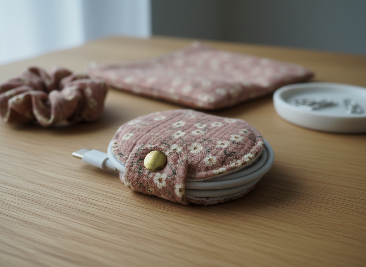 A detailed close-up of a small fabric cord holder made from double gauze cotton, wrapped neatly around a white charging cable on a smooth oak tabletop. The holder features a soft dusty-rose floral print, a rounded edge, and a tiny metal snap, with the grain of the fabric and stitching crisply visible. In the softly blurred background, a matching pouch and scrunchie rest beside a minimal ceramic tray. Cool, diffused daylight from a nearby window gently illuminates the scene, creating a calm, organized, and slightly luxurious mood. Photographic realism, shot at a low, side angle with shallow depth of field, emphasizing how the handmade item adds warmth to everyday tech organization.