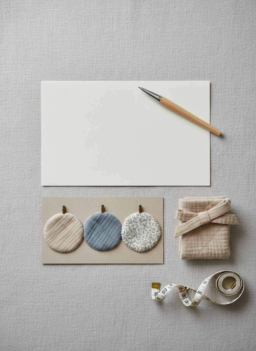 An elegant flat lay of a custom-order stationery scene, featuring a blank kraft paper order form, a neutral-toned fabric swatch card with tiny clipped pieces of quilted cotton gauze, and a neatly folded sample pouch beside it. The fabrics include soft beige, smoky blue, and tiny floral patterns, each with visible weave and quilting. A simple wooden pen rests diagonally, and a measuring tape curls gently at the edge of the frame. Soft, diffused daylight from above creates even lighting and subtle shadows. Photographic realism, shot from a bird’s-eye view with balanced composition and plenty of negative space, evoking a calm, thoughtful, and sophisticated mood suitable for a custom fabric accessories brand.