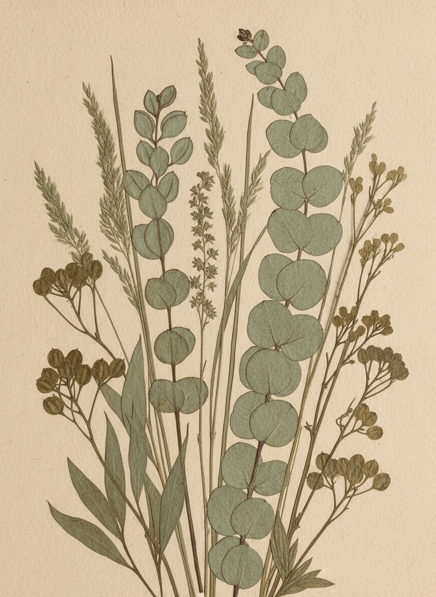 Close-up of dried botanical sprigs and eucalyptus branches on a warm cream background, soft natural light, delicate artisan texture, muted sage green tones, minimal negative space, editorial styling, no text